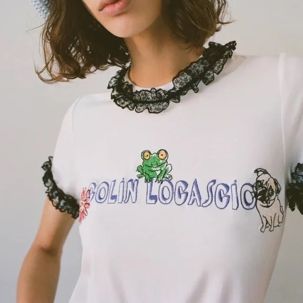 Colin LoCascio White Tshirt with Black Lace Trim (Flower, Frog, Pug)